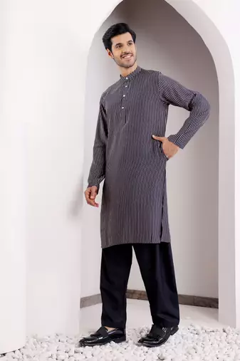 Blue modal silk ethnic printed men's kurta for wedding season