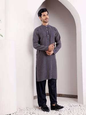 Blue modal silk ethnic printed men's kurta for wedding season 4
