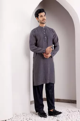 Blue modal silk ethnic printed men's kurta for wedding season
