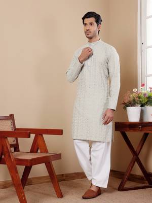 Pestel green beautiful embroidery work wedding ceremonial wear kurta payjama 3