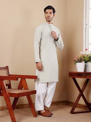 Pestel green beautiful embroidery work wedding ceremonial wear kurta payjama 4