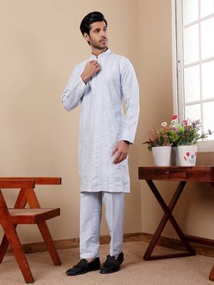 Light blue graceful partywear embroidery work kurta payjama for mens 3
