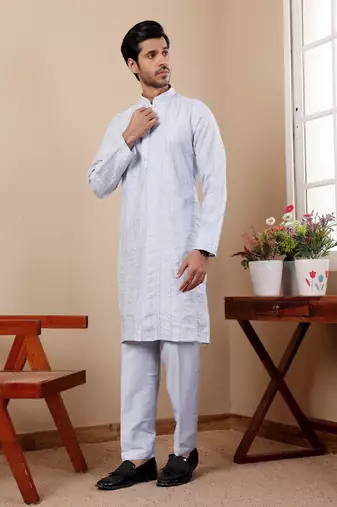 Light blue graceful partywear embroidery work kurta payjama for mens