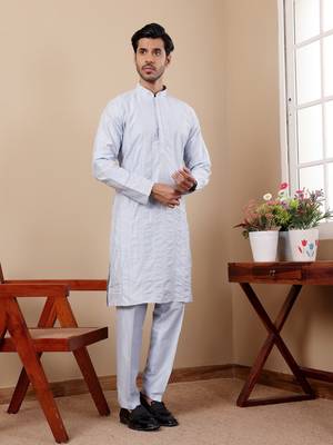 Light blue graceful partywear embroidery work kurta payjama for mens 4