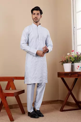 Light blue graceful partywear embroidery work kurta payjama for mens