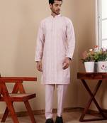 Light pink graceful partywear designer embroidery work kurta payjama for mens