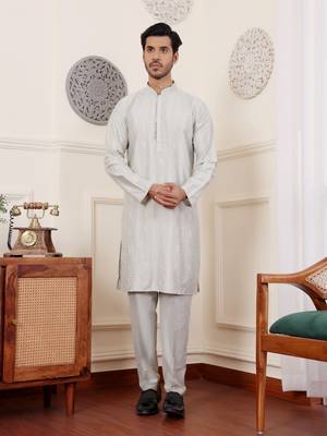 Light green graceful partywear embroidery work kurta payjama for mens 1