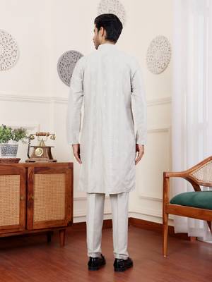 Light green graceful partywear embroidery work kurta payjama for mens 2