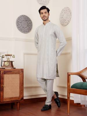 Light green graceful partywear embroidery work kurta payjama for mens 3