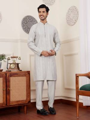 Light green graceful partywear embroidery work kurta payjama for mens 4