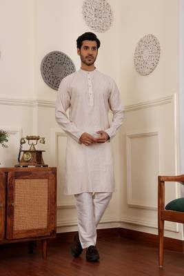White modal silk fabric partywear wevon graceful kurta payjama for men 1