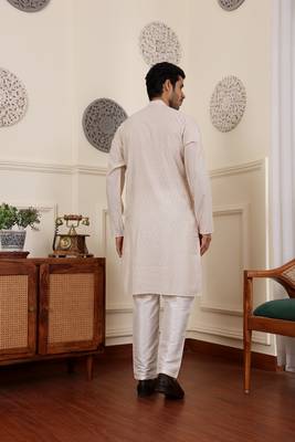 White modal silk fabric partywear wevon graceful kurta payjama for men 2