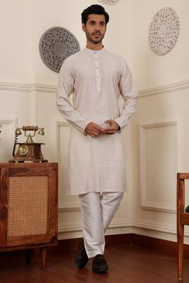White modal silk fabric partywear wevon graceful kurta payjama for men 1
