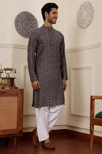 Blue modal silk fabric partywear wevon graceful kurta payjama for men