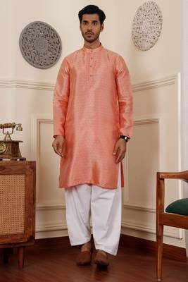 Orange viscosee fabric partywear wevon jacquard work graceful kurta payjama for men 1