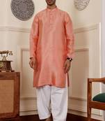 Orange viscose fabric partywear wevon jacquard work graceful kurta payjama for men