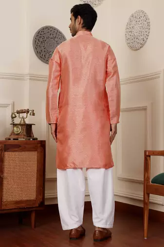 Orange viscosee fabric partywear wevon jacquard work graceful kurta payjama for men