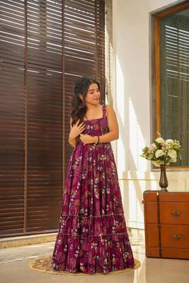 Wine rayon digital printed long partywear gown 1