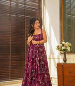 Wine ethnic rayon fabric designer digital printed long partywear gown