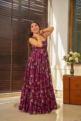Wine rayon digital printed long partywear gown 2