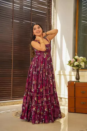 Wine rayon digital printed long partywear gown