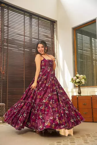 Wine rayon digital printed long partywear gown