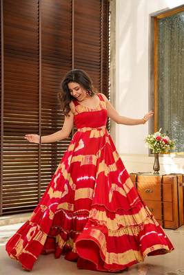 Red rayon digital printed long partywear gown 1