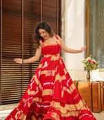 Red ethnic rayon fabric designer digital printed long partywear gown