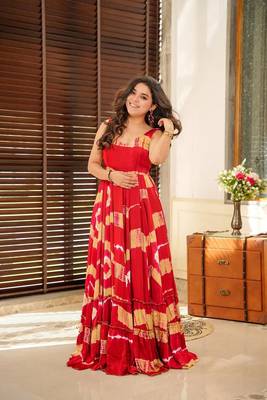 Red rayon digital printed long partywear gown 3