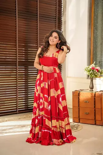 Red rayon digital printed long partywear gown