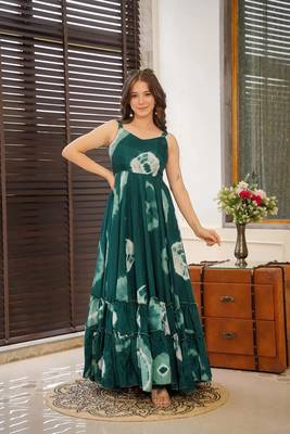 Teal rayon digital printed long partywear gown 1