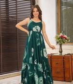 Teal ethnic rayon fabric designer digital printed long partywear gown