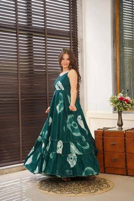 Teal rayon digital printed long partywear gown 2