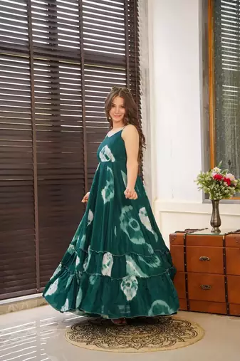 Teal rayon digital printed long partywear gown