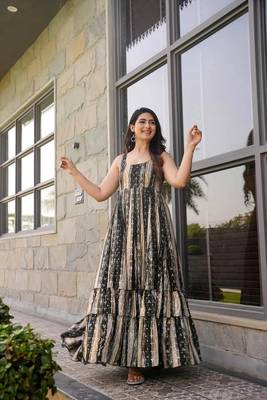 Grey rayon digital printed long partywear gown 1