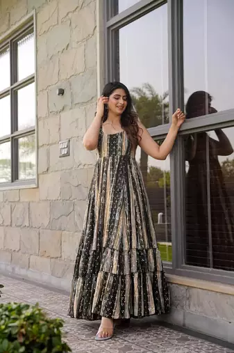 Grey rayon digital printed long partywear gown