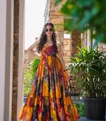 Multy ethnic rayon fabric designer digital printed long partywear gown