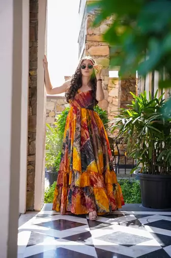 Multy rayon digital printed long partywear gown