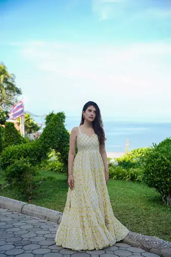 Yellow rayon digital printed long partywear gown