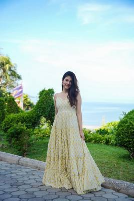 Yellow rayon digital printed long partywear gown 3
