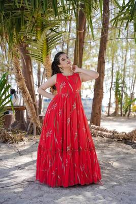 Pink georgette digital printed long partywear gown 1