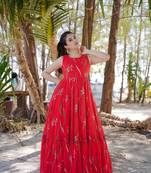 Pink ethnic georgette fabric designer digital printed long partywear gown