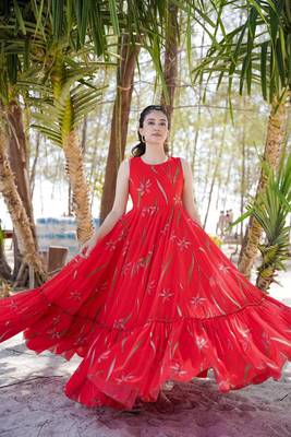 Pink georgette digital printed long partywear gown 2