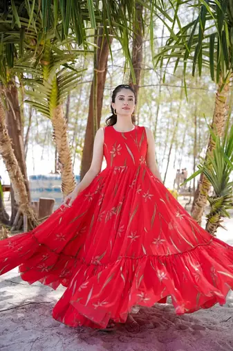 Pink georgette digital printed long partywear gown