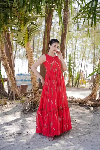 Pink georgette digital printed long partywear gown