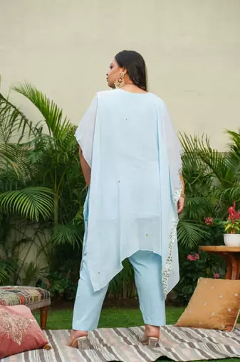 Powder blue gold embroidered kaftan set