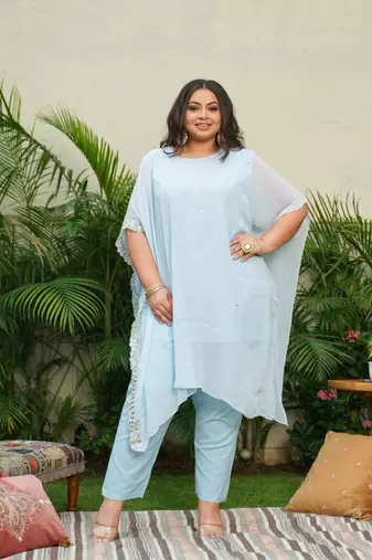 Powder blue gold embroidered kaftan set
