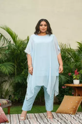 Powder blue gold embroidered kaftan set