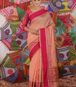 Peach Jacquard Silk Blend Mangalagiri Woven Checkered Saree With Unstitched Blouse Piece