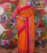 Orange Jacquard Silk Blend Mangalagiri Woven Checkered Saree With Unstitched Blouse Piece